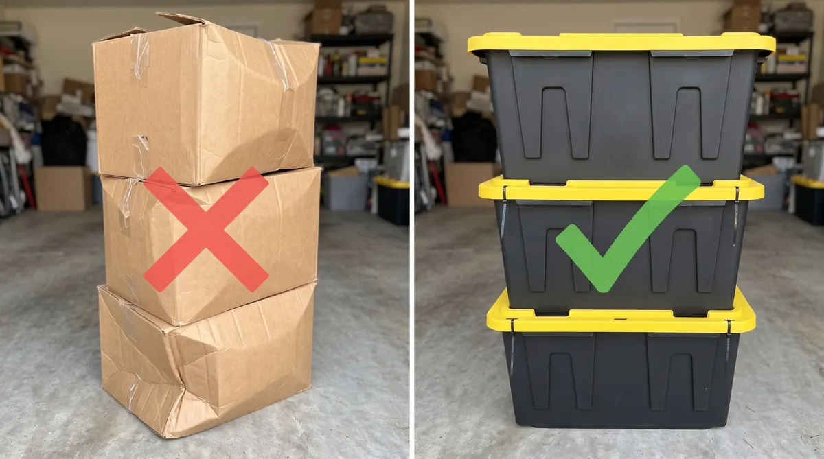Collapsing taped cardboard boxes next to a neat stack of three black and yellow lidded moving tubs