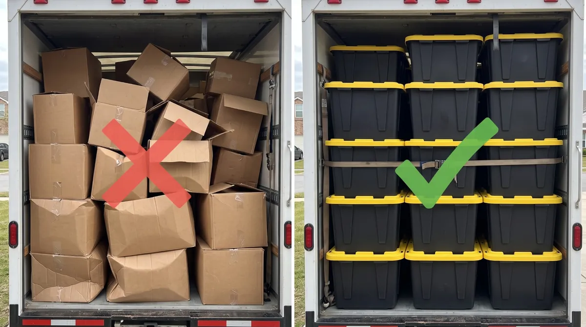 A truck full of toppling cardboard boxes next to a truck neatly packed with strapped black and yellow moving tubs