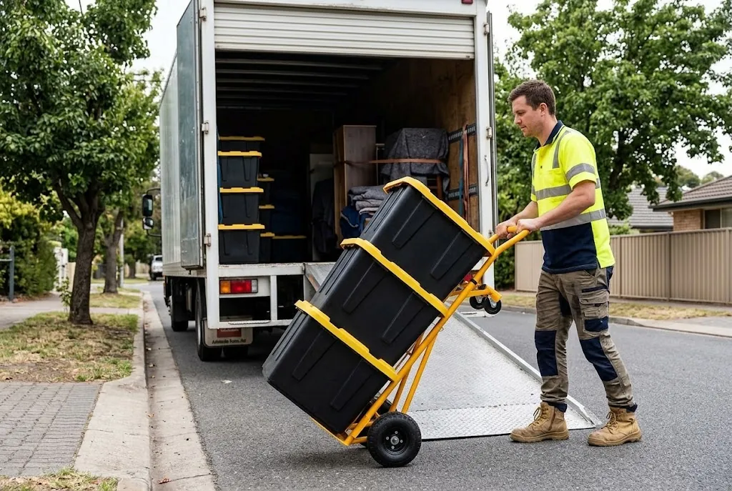 Tubeze driver wheeling three black and yellow moving tubs up a truck ramp on a dolly
