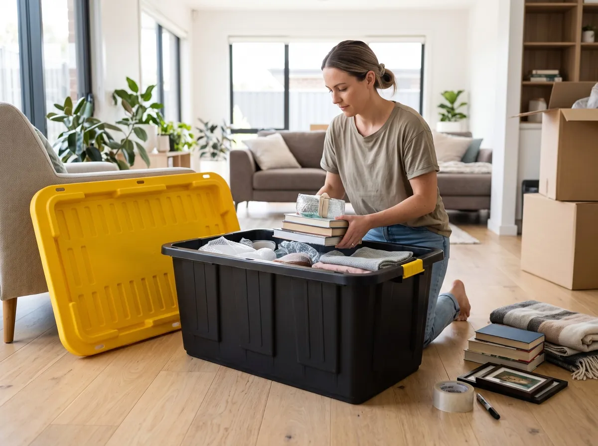 Woman packing books, linen and items wrapped in bubble wrap into an open black moving tub in a bright living room